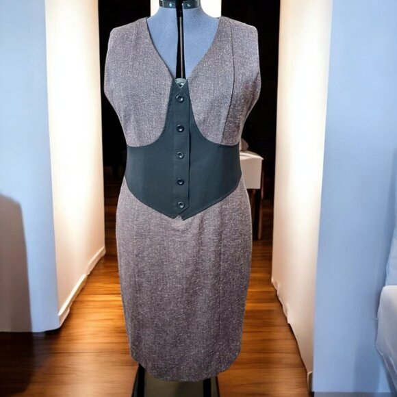 Ashley Stuart Tweed Brown & Black Sheath V-Neck Dress Sz 16 - Picture 1 of 8